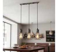 LEDSone 3 Light Industrial Ceiling Pendant Light, Brushed Silver Geometric Cage Bar Fitting, E27 Adjustable Hanging Lamp, 50cm Vintage Chandelier for Kitchen Island Dining Room