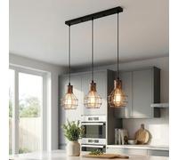 LEDSone 3 Light Industrial Ceiling Pendant Light with E27 Bulbs Included, Brushed Copper Metal Cage Bar Fitting, 90cm Adjustable Vintage Hanging Lamp for Kitchen Island Dining Room