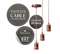 LEDSone 3 Pack Metal E27 Pendant Light Fitting with Twisted Cable Ceiling Pendant Light E27 Vintage Antique Brass for lamp Holder Fitting for Restaurant