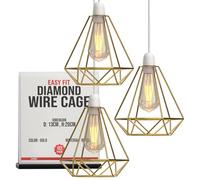 LEDSONE 3-Pack Modern Geometric Diamond Pendant Lampshades - Metal Wire Cage, Gold, 14.5x20cm, Ideal for Living Room, Kitchen, Restaurant, Office