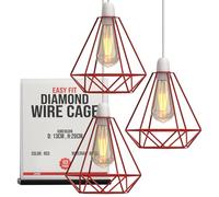 LEDSONE 3-Pack Modern Geometric Diamond Pendant Lampshades - Metal Wire Cage, Red, 14.5x20cm, Ideal for Living Room, Kitchen, Restaurant, Office