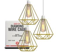 LEDSONE 3-Pack Modern Yellow Geometric Diamond Pendant Lampshades - Metal Wire Cage,14.5x20cm, Ideal for Living Room, Kitchen, Restaurant, Office