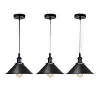 LEDSone 3 Set Black Ceiling Pendant Light Fitting, Vintage 22cm Metal Cone Light Shade, Island Hanging E27 Screw Bulb Holder, 100cm Adjustable Cable, 10cm Ceiling Rose for Kitchen Living Room Home
