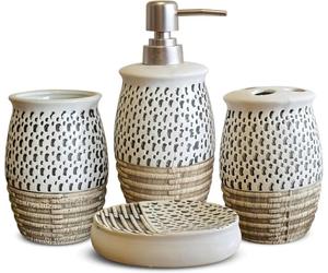 LEDsone 4-Piece Bathroom Accessory Set - Soap Dish, Tumbler, Toothbrush Holder (Brown)