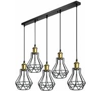 LEDSone 5 Head Industrial Drop Ceiling Pendant Lights 14cm Black Wire Lampshade Diamond Cage Design E27 1m Adjustable Hanging Fixer for Dining Room Living Room Kitchen Loft
