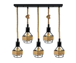 LEDSone 5 Head Vintage Pendant Light - E27 Hemp Rope Ceiling Light Fitting with Metal Cage | 1m Twisted Cable | Kitchen, Dining Room, Bar, Café