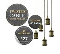 LEDSone 5 Pack Metal E27 Pendant Light Fitting with Green Brass 95cm Adjustable Twisted Cable Ceiling Pendant Lighting for Restaurant Living Room Kitchen