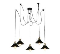 LEDSone 5 Way Spider Pendant Light -Vintage Industrial Ceiling Lights with Metal Black Cone Shades -Retro Lamp, Height Adjustable 2m Cord with LED E27 Fitting for decorative ceiling lights living room
