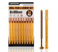 LEDSone 50 Pcs Screws and Wall Plugs Set(50 x Masonry Screws, 50 x Expansion Anchor Bolts), 8mm x100mmWall Plugs and Screw, for Brick Concrete Drywall Self Tapping