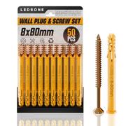 LEDSone 50 Pcs Screws and Wall Plugs Set(50 x Masonry Screws, 50 x Expansion Anchor Bolts), 8mm x80mmWall for Brick Concrete Drywall Self Tapping Screw and Wall Plugs