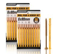 LEDSone 50Pcs x 2Pack Screws and Wall Plugs Set Plastic Wall Anchors and Kit Masonry Screws Expansion Anchor Bolts 6 x 80mm Rawl Plugs for Brick Concrete Drywall Self Tapping Screw and Wall Plug