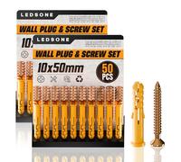 LEDSone 50pcs X 2Pack Wall Plugs and Screw 10 x 50mm Set Anchor Bolt for Masonry Brick Concrete Heavy Duty Brick Concrete Fixings Plug screws for Mounting TV
