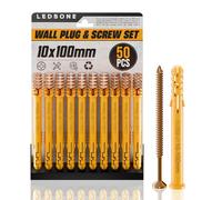 LEDSone 50Pcs Yellow Screws and Wall Plugs Set Wall Anchors and Kit 50 x Masonry Screws Expansion Anchor Bolts 10mmx 100mm Rawl Plugs for Brick Concrete Drywall Wall Plugs