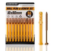 LEDSone 50Pcs Yellow Screws and Wall Plugs Set Wall Anchors and Kit 50 x Masonry Screws Expansion Anchor Bolts 10x 80mm Rawl Plugs for Brick Concrete Drywall Wall Plugs