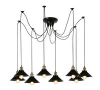 LEDSone 8 Heads Spider Pendant Light Industrial Metal Cone Shades with E27 Lamp Holder Adjustable DIY Vintage Hanging Ceiling Spider Pendant Lamp for Living Room Bedroom Bar Cafe (Black + Bulb)