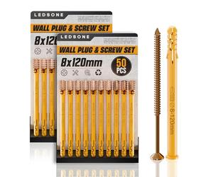 LEDSone 8 x 120mm Screws and Wall Plugs 50 pcs X 2Set Masonry Brick Concrete Fixings Plugs Assortment Kit Plugs and Screws in Compartment Box Zinc Galvanized 3 Different Size
