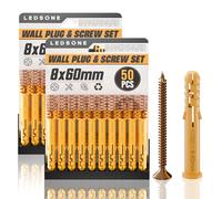 LEDSone 8 x 60 mm Screws and Wall Plugs Set 50 x 2 Pack Masonry Brick Concrete Fixings Plugs Assortment Kit Plugs and Screws in Compartment Box Zinc Galvanized 3 Different Size