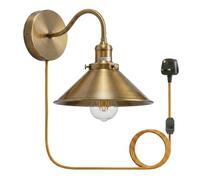 LEDSone Industrial Yellow Brass Wall Sconce with Plug-ins Cord, Vintage Metal Shade, Rustic Farmhouse Plug-in Wall Lights with dimmable Switch - Easy Install Plug-in Wall Mount Lamp, Yellow Brass