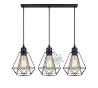 LEDSone Black Modern 3 Head Pendant Light, Vintage Ceiling Bar Light Fitting, Adjustable Hanging Rope Light, E27 Socket Industrial Chandelier Cage Lamp for Kitchen Dining Room Bar