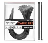 LEDSone Black Pack of 100 Cable Ties 4.6mm x 450mm, Nylon Zip Ties, Multi-Purpose Tie Wraps, Secure Self-Locking Mechanism, for Home, Garden, Office and DIY
