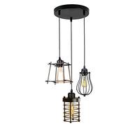 LEDSone Black Vintage Retro 3 Way Ceiling Pendant Lamp Cluster Light Fitting Black Wire Cage Lampshades, UK E27 Holder Lighting Kit