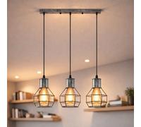 LEDSone Brushed Silver Industrial Pendant Lighting E27 Base Edison Metal Caged Vintage Hanging Pendant 3-Lights Rustic Pendant Light Fixture for Kitchen Dining Room Bar Hotel