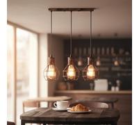 LEDSone Copper Brushed cage 3 Light Pendant Light Height Adjustable, E27 Vintage Bulb Ceiling Lights Metal Square Plate Hanging Lights for Living Room, Dining Room, Coffee Shop