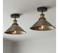 LEDSone E27 Base Semi Flush Mount Light with 22cm Brushed Copper Conical Lampshade Easy to Fit Durable Metal Industrial Ceiling Lights for Kitchen Bedroom Living Dining Room with EPC A+ Bulb 2 Pack