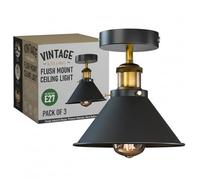 LEDSone E27 Ceiling Lights Metal Flush Mount Ceiling Lamp for Living Room, Bedroom, Kitchen, Dining Room Vintage Flush Mount Lighting 18cm Brushed Brass Conical Shade Lighting Without Bulb (3 Pcs)