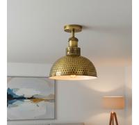 LEDSone E27 Vintage Yellow Brass Hammered Semi Flush Mount Ceiling Light with 26cm Dome Shade Easy Fit Anti Rust Durable Metal Industrial Ceiling Lighting Fixtures for Kitchen Dining Room Bedroom