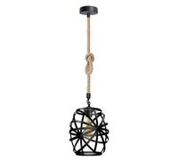 Ledsone Hemp Rope E27 Single Head Pendant Light With Metal Black Wire Cage Ceiling Lamp Height 100Cm With Bulb