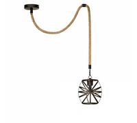 LEDSone Hemp Rope E27 Single Head Pendant Light with Metal Black Wire cage Vintage Ceiling lamp for Living Room, Kitchen (200cm- Black)