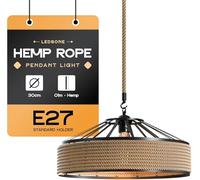LEDSone Hemp Rope & Metal Ceiling Pendant Light Fitting Industrial 30cm Metal Lampshade E27 Holder 100cm Adjustable Rope Hanging Lamp for Restaurant, Bar, Cafe