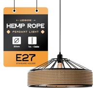 LEDSone Hemp Rope & Metal Ceiling Pendant Light Fitting Industrial 30cm Metal Rope Lampshade E27 Holder 100cm Adjustable Hanging Lamp for Restaurant, Bar, Cafe