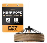 LEDSone Hemp Rope Pendant Light E27 40cm Metal Shade 1m Adjustable Cable | Ceiling Light Hanging Fitting Fixture for Kitchen Island Bedroom Hallway