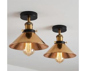 LEDSone Industrial 2 Pack Semi Flush Mount Ceiling Lighting 22cm French Gold Cone Lampshade E27 Fitting for Kitchen Hallway Dining Rooms Living Room with Bulb