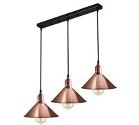 LEDSone Industrial 3 Head Ceiling Pendant Light Copper Metal 22cm Conical Shades with Adjustable Cables, E27 Led Lamp Kit and 50cm Rectangular Ceiling Rose for Kitchen Island Dining Room Bar