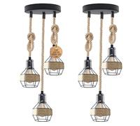 LEDSone Industrial 3 Head Hemp Rope Pendant Light 16cm Wire Cage Lampshade Set of 2 Retro Style Ceiling Light Shade Fitting with E27 Edison Hanging Fixture for Living Room, Kitchen Island, Cafe