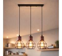 LEDSone Industrial 3 Light Pendant Ceiling Light, Adjustable Hanging Cables (Max 95cm), Rustic Red Metal Cage Nest Design, E27 Bulb Required, Modern Lighting for Kitchen Island, Dining Room, Bar