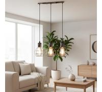 LEDSone Industrial 3 Light Pendant Ceiling Light with 3 x E27 Edison Bulbs Included, Adjustable Hanging Cables (Max 95cm), Brushed Silver Metal Cage Nest Design, Modern Lighting for Kitchen Island