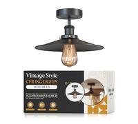 LEDSone Industrial Black Ceiling Lights for Living Room - E27 Base 22cm Conical Flat LampShade Metal Semi Flush Mount LED Ceiling Light Fixture for Kitchen Bedroom Hallway EPC