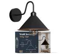 LEDSone Industrial Black Cone Wall Light with Gold Inner Shade, Modern Metal Wall Sconce, Vintage E27 Bedroom Bedside Lamp for Living Room Hallway Kitchen Cafe