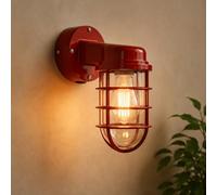 LEDSone Industrial Cage Wall Light Bulkhead Metal Indoor Nautical Wall Sconce E27 60W Vintage Wire Guard Lamp (No Bulb) (Red)