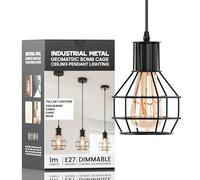 LEDSone Industrial Ceiling Pendant Light Fitting, Black Wire Cage Pendant Light, Adjustable 90cm Cable, E27 Edison Bulb Compatible, Vintage Retro Lighting for Kitchen, Bar, Dining Room