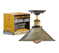 LEDSone Industrial E27 Flush Mount Ceiling Lamp Metal 22cm Brushed Brass Cone Shade Vintage Ceiling Light Fixture for Living Room Bedroom Kitchen Without Bulb