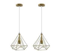 LEDSone Industrial Gold Ceiling Pendant Light Diamond Wire Cage Hanging Adjustable Indoor Lighting for Conservatory Dining Room Foyer Garage Guestroom (Without Bulb, 2 Pack)