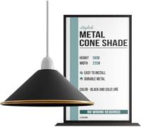 LEDSONE Industrial Metal Lamp Shade 22cm Wide, 10cm Height,Vintage Cone Pendant Light Cover, Modern Retro Ceiling Lighting for Kitchen, Dining Room Easy Fit Light Shade (Black Golden Edge)