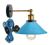 LEDSone Industrial Plug in Blue Wall Light Fixture, Vintage 2m Fabric Cable 3 Pin with Dimmer Switch Wall Mounted Sconce Adjustable Arm 180º E27 Base Antique Retro Metal 22cm Shade (Blue, with Bulb)