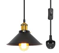 LEDSone Industrial Plug-in Pendant Light with 4m Adjustable Cord, Cone Metal Shade, E27 Holder, UK Plug & Inline Switch, Vintage Swag Hanging Lamp for Kitchen, Bedroom & Living Room (Bulb Included)