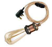 LEDSone Industrial Plug-in Pendant Light with UK Plug & Switch 2m Fabric Flex Cable E27 Vintage Metal Lamp Holder for Ceiling Hanging Light-Retro Lighting for Home Cafe Bar (Copper, with Bulb)